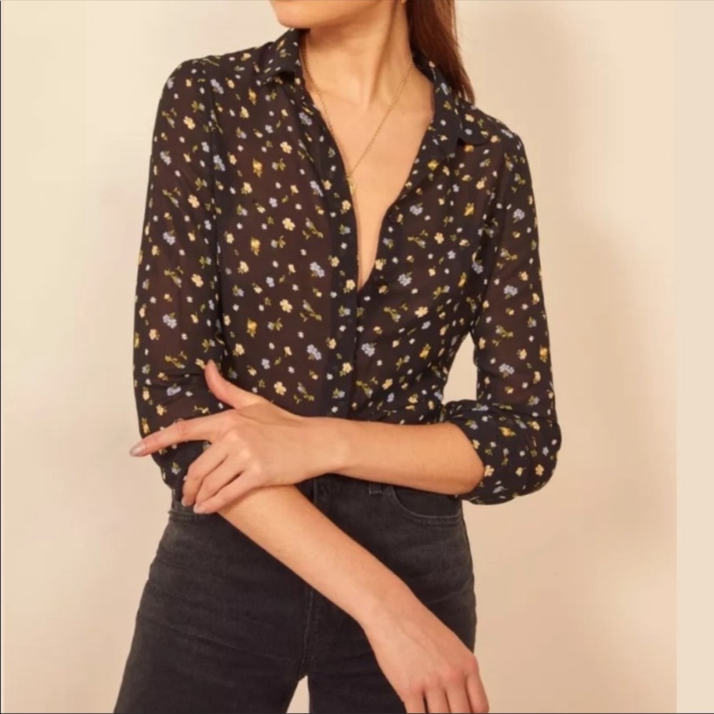 Reformation Black Sheer Floral Button-Up Blouse - Picture 2 of 7